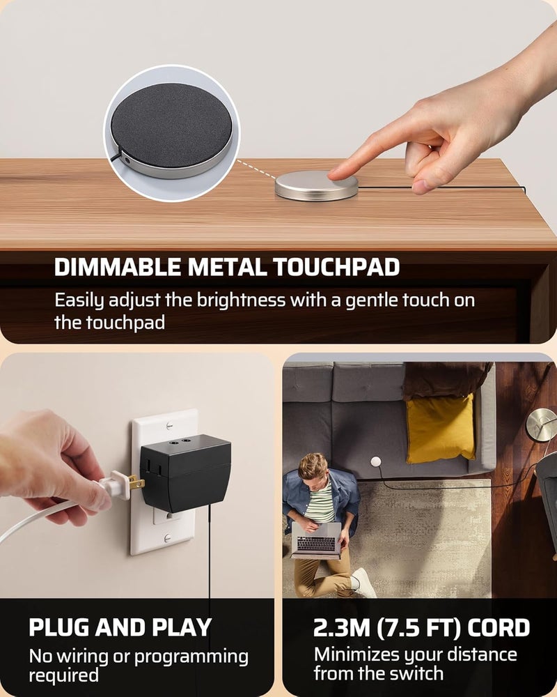 DEWENWILS 2 Pack Touch Dimmer Switch, Plug and Play Lamp Touch Control Pad, Touch Lamp Switch, Full Range Dimmer, Dimmable LED/CFL Lights, Incandescent Bulbs, Extension Cord Dimmer, ETL Listed, Black - Image 5